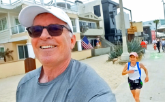 Posted July 3: Bill Nevison & sister Anne Nevison-Brand on a 10 mile run to celebrate his birthday, passing through  Venice Beach.