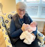 Beryl Wiebe poses with her first great-grandchild, a little girl, during a recent visit to the East Coast.  The little one's name is Eastyn.